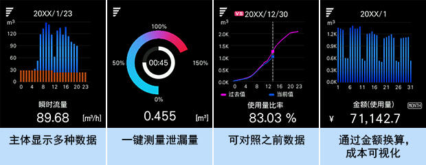 主体显示多种数据 | 一键测量泄漏量 | 可对照之前数据 | 通过金额换算，成本可视化